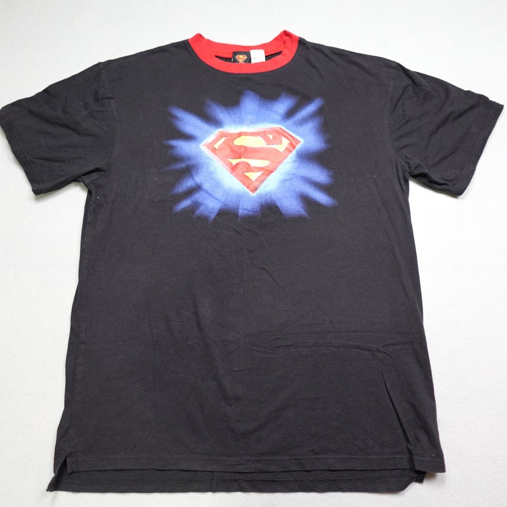 Vintage Official Superman T Shirt Mens L Black Ringer Glow Emblem Logo Tee Y2K